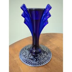 Rare Duncan & Miller #16 Art Deco Cobalt Candlestick With Silver Overlay